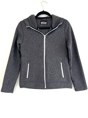 Stio Women’s Sweetwater Fleece Full Zip Hooded Jacket Charcoal EUC Pockets XS